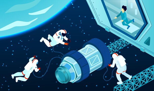 Drie ruimtevaarders in de buurt van kosmisch station in de ruimte 3d isometrisch