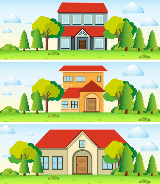 Gratis vector drie scènes met huis in het veld