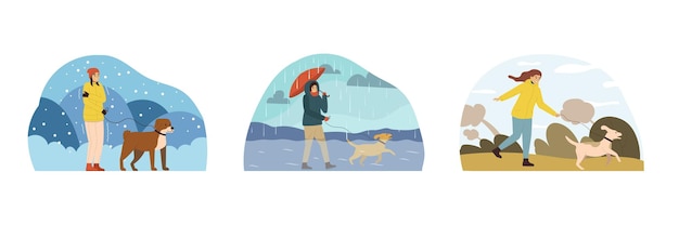 Drie slecht weer mensen vlakke compositie set de eigenaar van de hond loopt met hem in alle weersomstandigheden vector illustratie