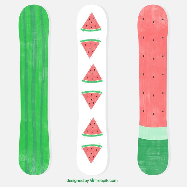 Drie snowboards met waterverf watermeloenontwerp