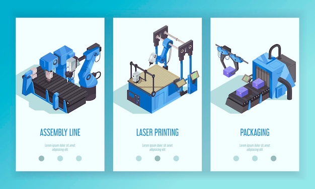 Drie verticale isometrische bannermalplaat voor robotautomatisering met laserdruk op de assemblagelijn en verpakkingsbeschrijvingen