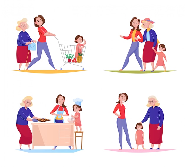 Gratis vector drie vrouwen van de generatiefamilie 4 vlak ontwerpenvierkant met het jonge geitje van de omamoeder winkelen die openluchtillustratie lopen