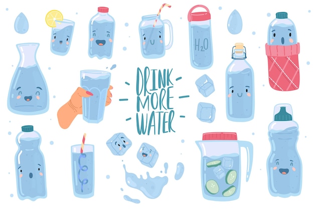 Drink meer water. leuke eco-flessen drinken karakters, grappige glazen met cartoon kawaii gezichten, detox en gezonde levensstijl collectie, duidelijk aqua consumptie oproep concept. vector geïsoleerde doodle set