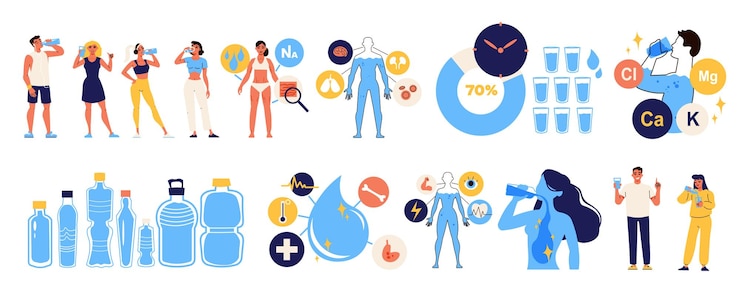 Gratis Vector drinkwater set met geïsoleerde composities van waterbesparing en verwijdering iconen met doodle menselijke karakters vector illustratie