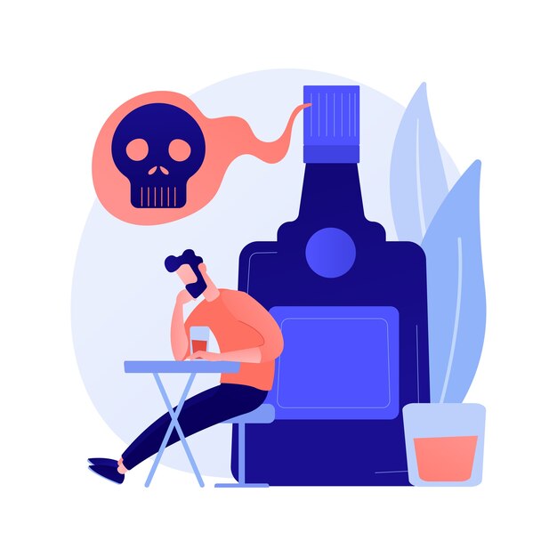 Dronken depressieve man, alcoholist met een kater. Zwaar drinken, alcoholisme probleem, drankmisbruik. Man met alcoholverslaving, psychologisch probleem. Vector geïsoleerde concept metafoor illustratie