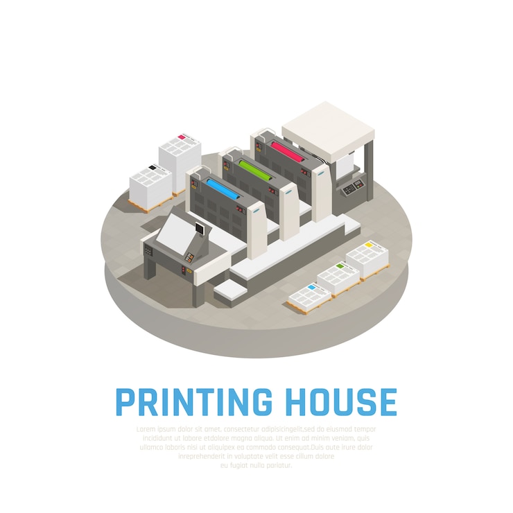 Gratis Vector drukkerij faciliteit apparatuur isometrische samenstelling met offsetpers preprint snijden bindende brochures documenten ronde