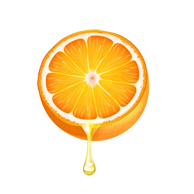 Druppel sap druipend van oranje helft op witte achtergrond realistische vectorillustratie