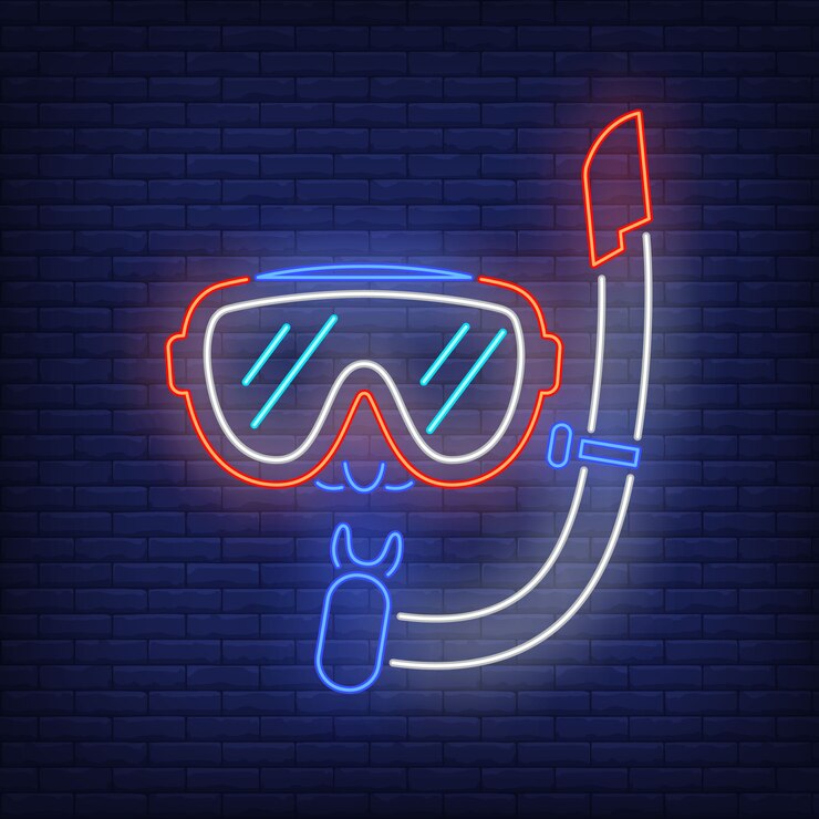 Gratis Vector duiken masker neon teken. snorkel en glazen op bakstenen muur