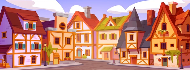 Duitsland stadstraat oud gebouw in europa dorp vector landschap middeleeuwse europese stad cartoon fantasy achtergrond bestrating textuur weg in het oude amsterdam met vintage cottage buitenkant