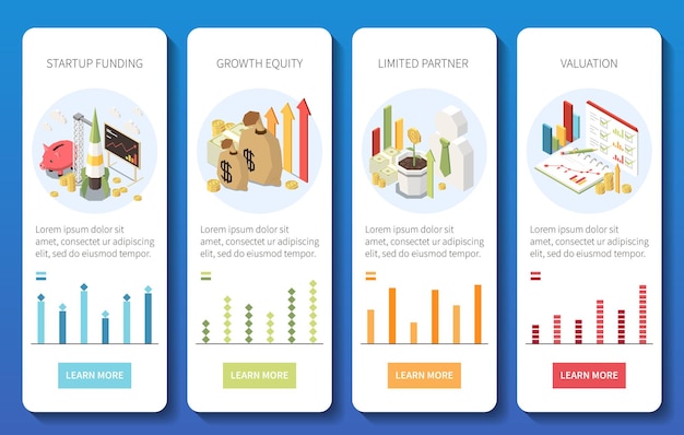 Durfkapitaalreeks van vier verticale banners met isometrische pictogrammen bewerkbare tekst en leer meer knopen vectorillustratie