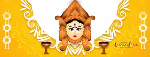 Gratis vector durga puja en happy navratri-festivalbanner met het gezicht van godin durga