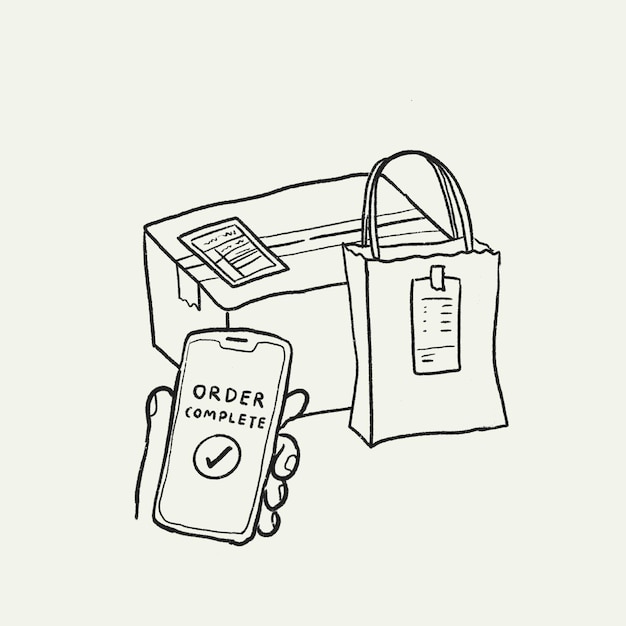 E-commerce bedrijf doodle vector, online levering bestelling voltooid