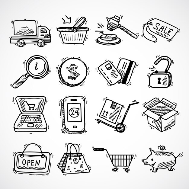 E-commerce winkelen pictogrammen schets set van leverings truck creditcard spaarvarken geïsoleerde vector illustratie