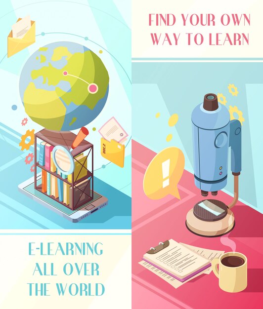 E-learning verticale isometrische banners met online onderwijs wereldwijd en eigen manier van studeren