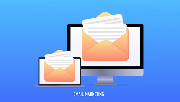 E-mailmarketing online reclameconcept laptop met envelop en lees e-mails op het scherm