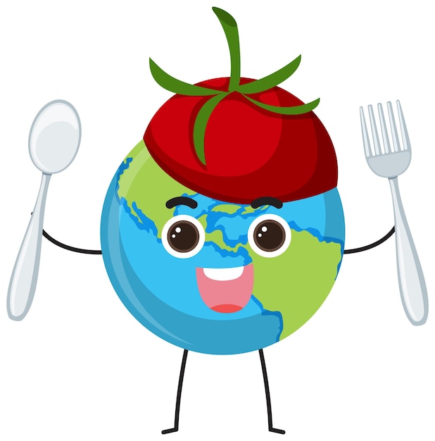 Gratis vector earth planet stripfiguur met halve tomaat