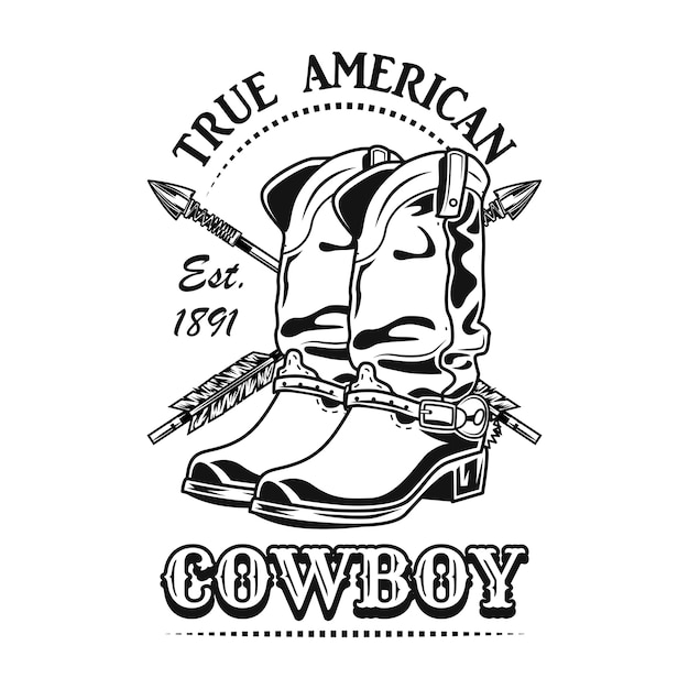 Echte Amerikaanse cowboy vectorillustratie. Cowboylaarzen en gekruiste pijlen met tekst