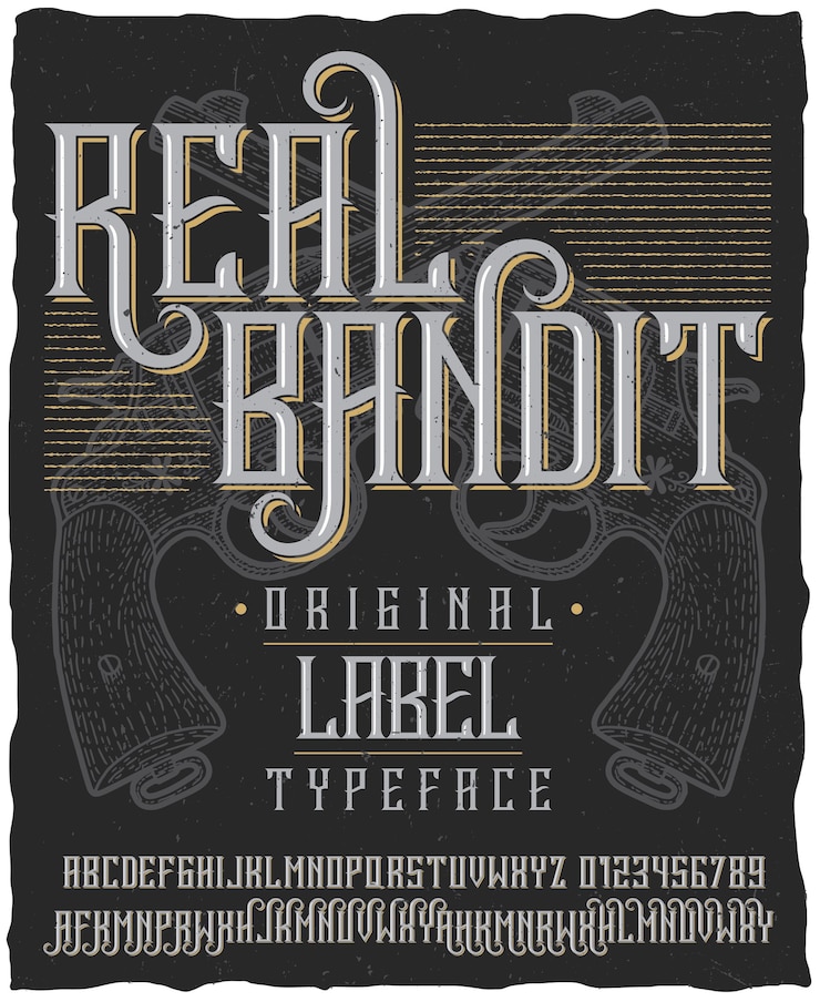 Gratis Vector echte bandiet lettertype poster met hand twee revolvers getekend op stoffig