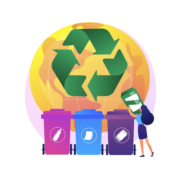 Gratis vector eco-activisten sorteren afval. afvalscheiding. wegwerpsysteem. ecologische verantwoordelijkheid. afvalcontainers, vuilnisbakken, idee voor recycling.