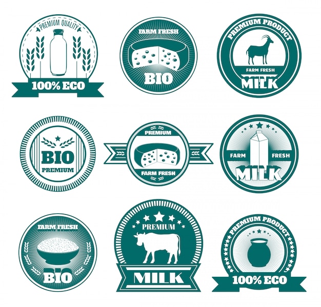 Gratis vector eco boerderij melk zuivelproducten emblemen
