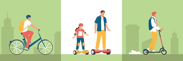 Gratis vector eco transport drie vierkante composities met volwassenen en kinderen die op scooter fiets gyro scooter vector illustratie rijden