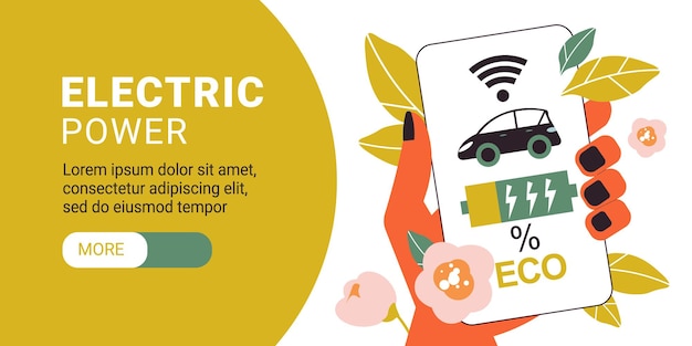 Eco transport horizontale banner met stroom tekst en elektrische auto batterij icoon op smartphone scherm platte vectorillustratie