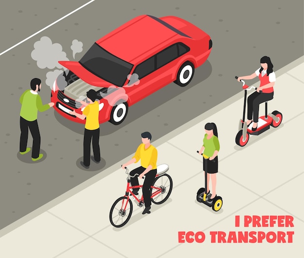 Eco transport isometrische poster met mensen rijden scooter fiets segway voorbij rookmachine