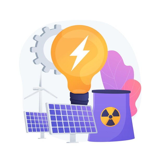 Eco-vriendelijke elektriciteit. Windpark, zonnebatterijen, kerncentrale. Duurzame energiebronnen. Technologieën voor de opwekking van groene elektriciteit.