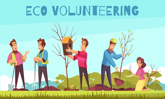 Gratis vector eco vrijwilligerswerk cartoon compositie