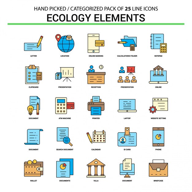 Ecologie-elementen Flat Line Icon Set