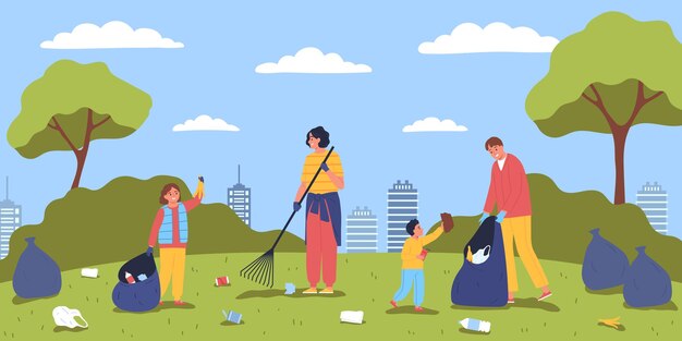 Ecologie vervuiling schoonmaak samenstelling met stadslandschap stadsgezicht en groep volwassenen en kinderen verzamelen afval vectorillustratie