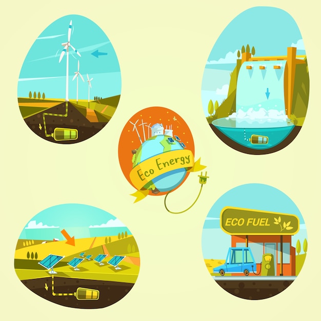 Gratis vector ecologische energie retro-stijl cartoon concept set