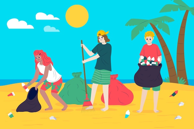 Gratis vector ecologische mensen die het strand schoonmaken