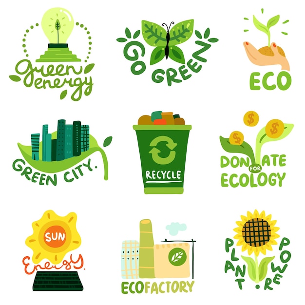 Gratis vector ecologische restauratie platte emblemen zon energie eco fabriek recycling van afval en groene stad geïsoleerde illustratie