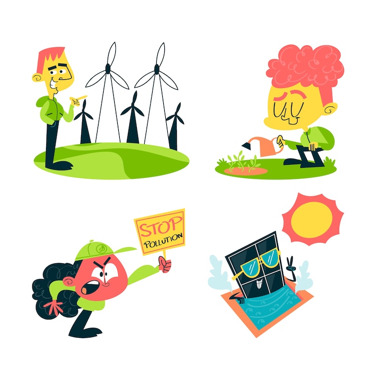 Gratis Vector ecologische stickers in vintage cartoonstijl