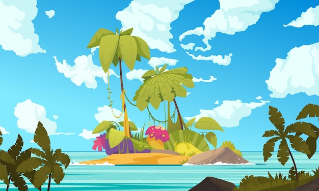 Gratis vector ecosysteem cartoon poster met tropisch eiland met palmbomen vector illustratie