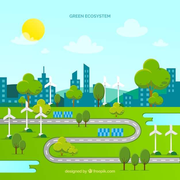 Gratis vector ecosysteemconcept met weg en stad