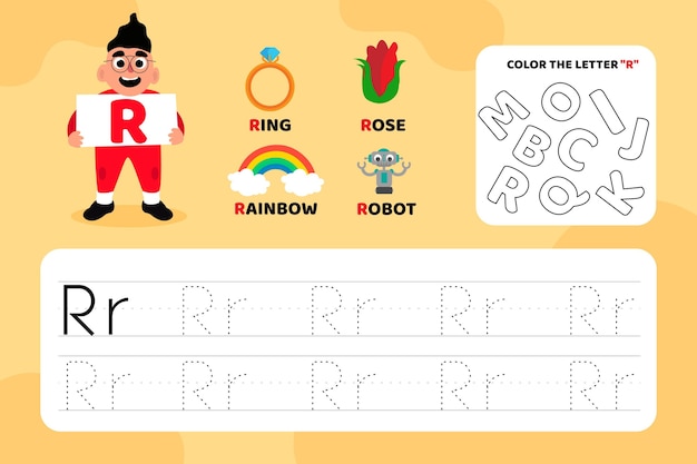 Gratis vector educatief letter r-werkblad met illustraties
