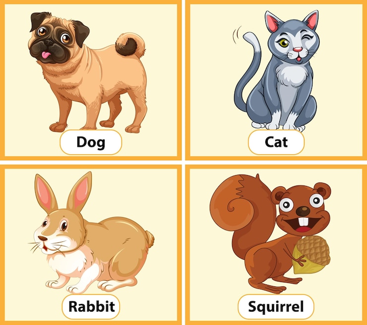 Gratis Vector educatieve engelse woordkaart van dieren