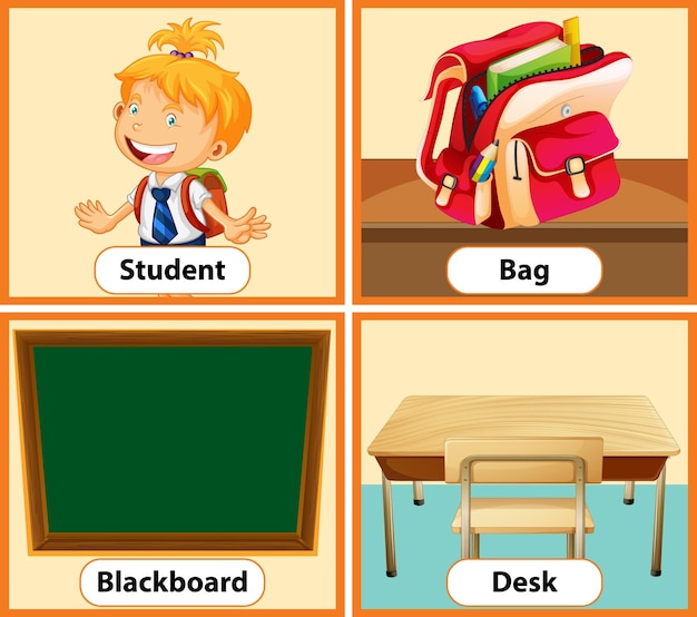 Gratis vector educatieve engelse woordkaart van schoolobjecten set