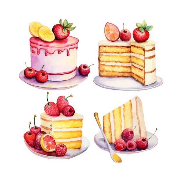 Gratis vector een aquarel clipart set taarten en cake plakjes citroen aardbei en kers