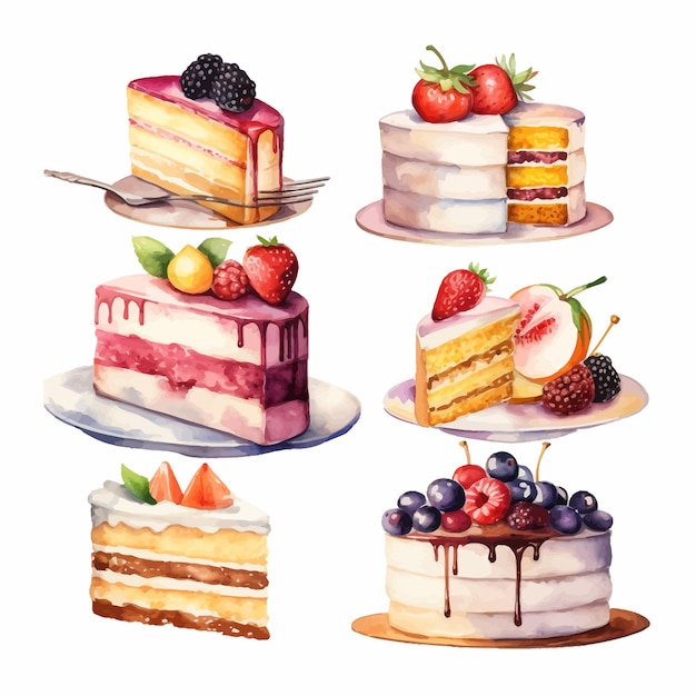 Een aquarel clipart set taarten en cake plakjes citroen aardbei en kers