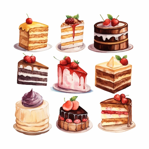 Gratis vector een aquarel clipart set taarten en cake plakjes citroen aardbei en kers