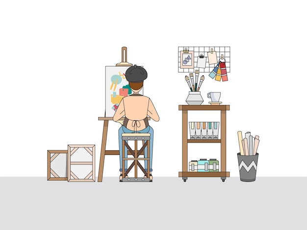 Gratis vector een artistieke schilder die in zijn studio werkt