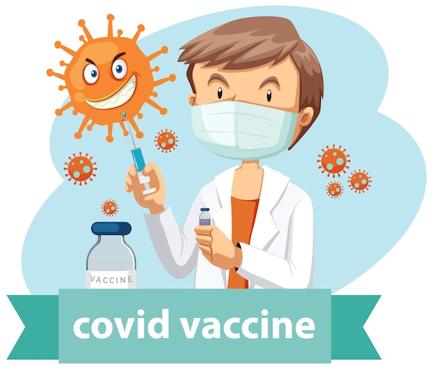 Een arts draagt een masker en houdt een medische spuit met naald vast voor covid-19 of coronavirus-logo of banner