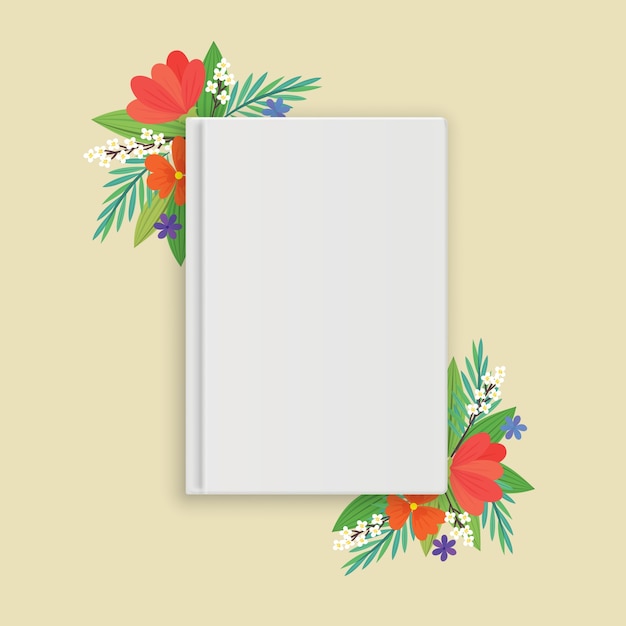 Een blanco witte gesloten boek met bloemen in vlakke stijl