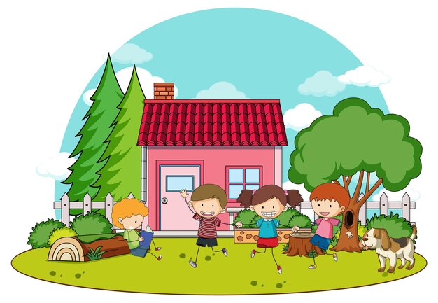 Een eenvoudig huis met kinderen op de achtergrond van de natuur