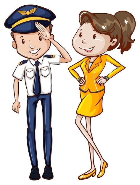 Een eenvoudige gekleurde schets van een piloot en een gastvrouw