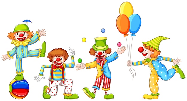 Een eenvoudige tekening van vier speelse clowns