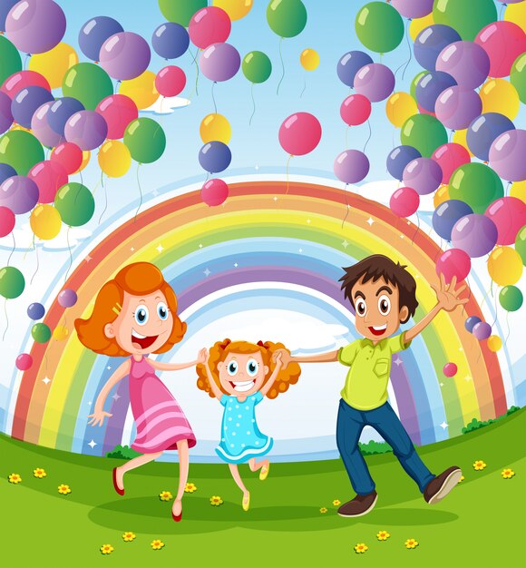 Een gelukkig gezin in de buurt van de regenboog en ballonnen